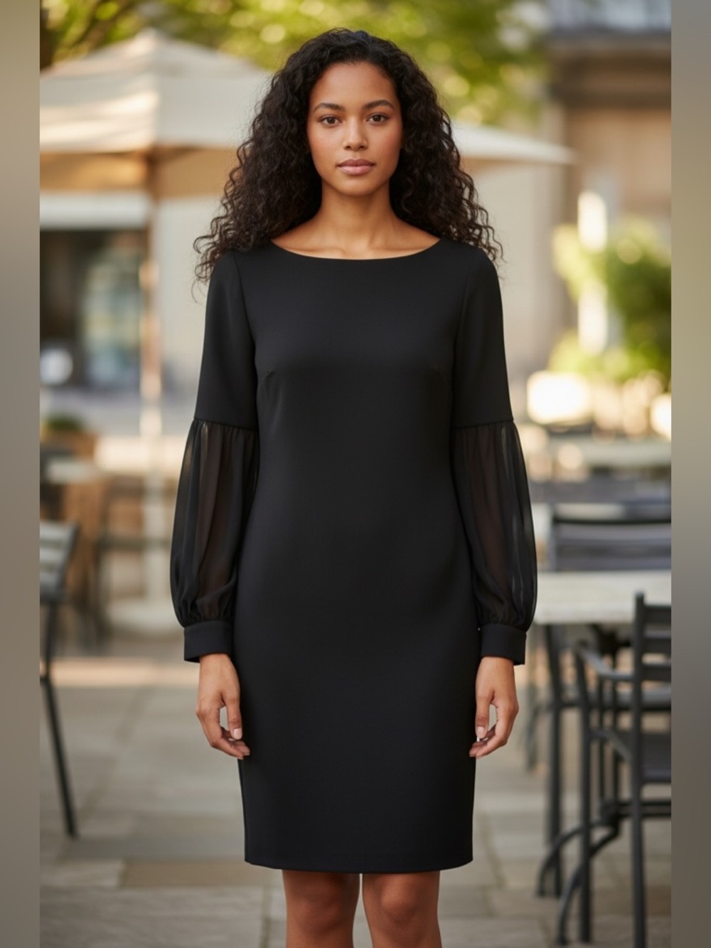 Calvin Klein  Womens Size 10 Long Sleeve Sheath Dress  Black Gold Zip Sheer Slvs
